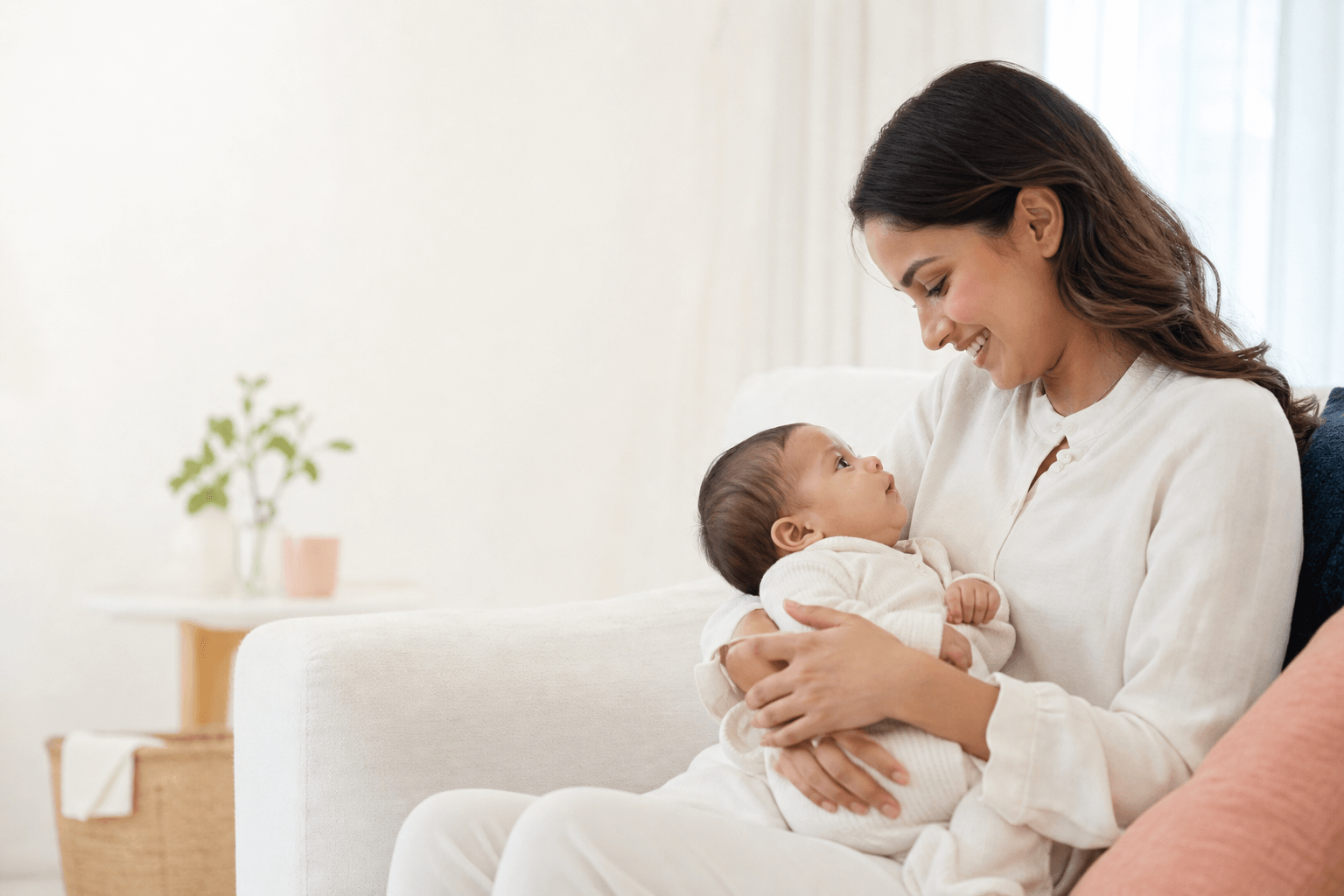 Mother and baby in a calm homecare setting