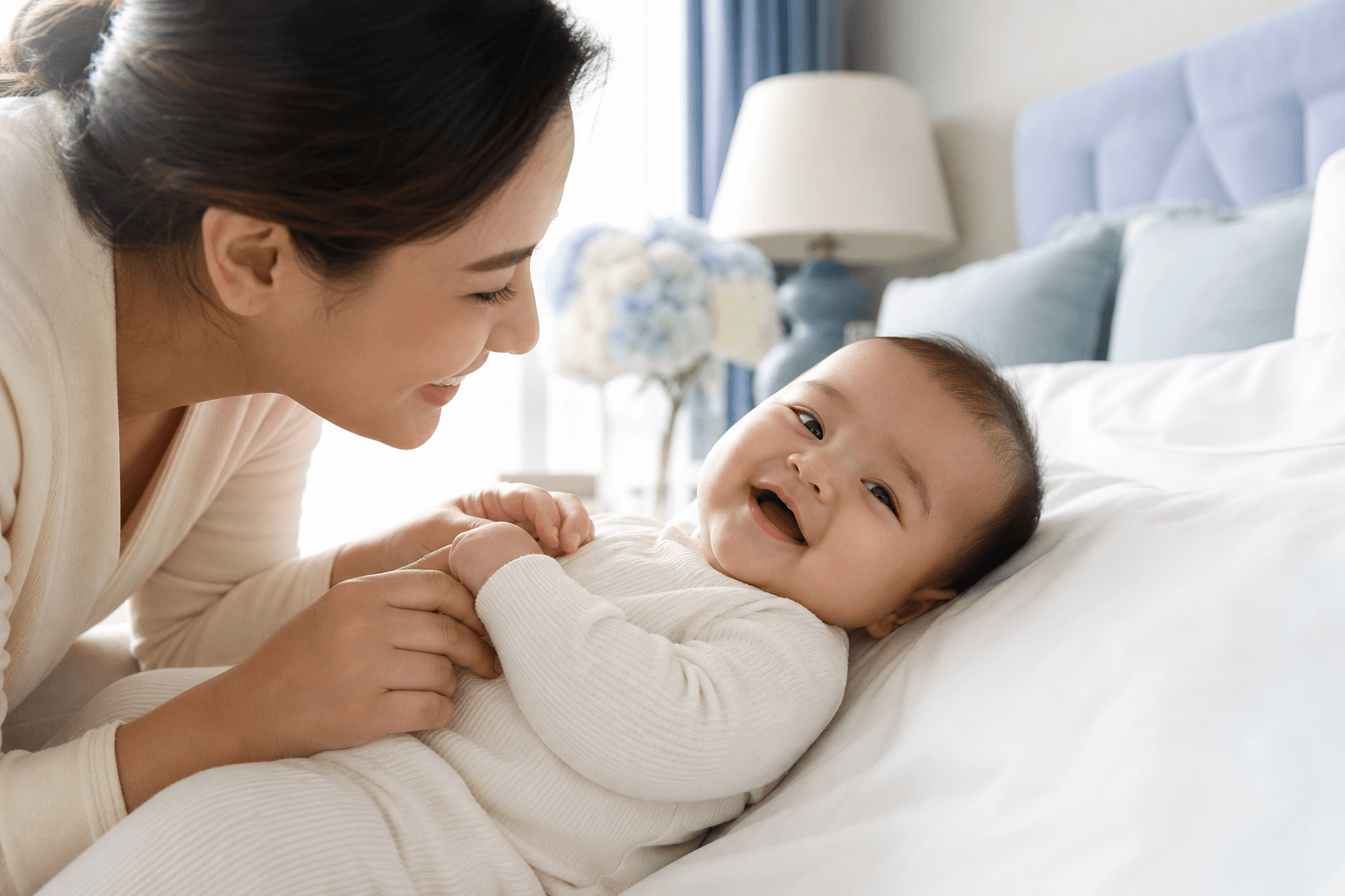 Happy baby in a bright family care environment